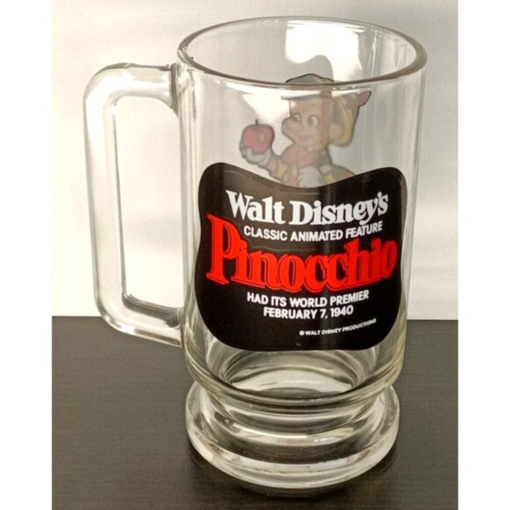 Disneys PINOCCHIO World Premier Clear Glass Mug Cup Collector VINTAGE NEW